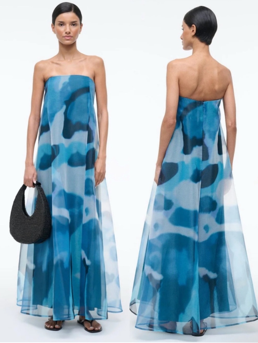 STAUD Blue Watercolor Strapless Maxi Dress